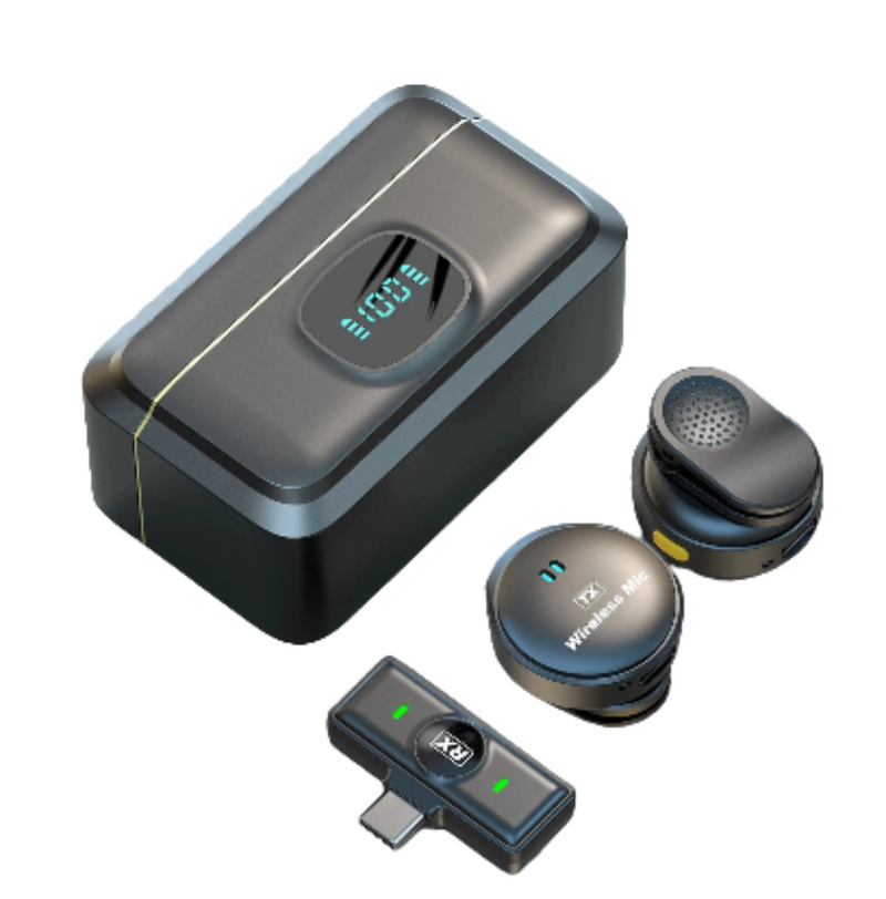 Microfone de Lapela Sem Fio 2.4GHz com Base Magnética e Estojo de Carregamento – Áudio Profissional Plug & Play