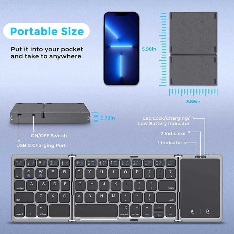 Teclado Bluetooth Dobrável com Touchpad – Mini e Recarregável