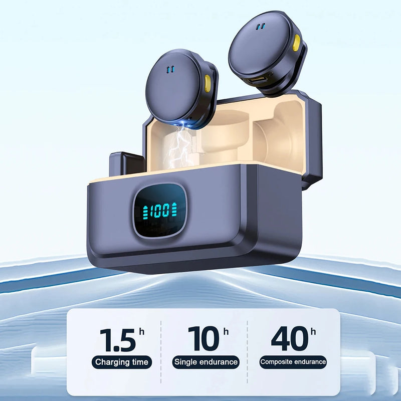 Microfone de Lapela Sem Fio 2.4GHz com Base Magnética e Estojo de Carregamento – Áudio Profissional Plug & Play